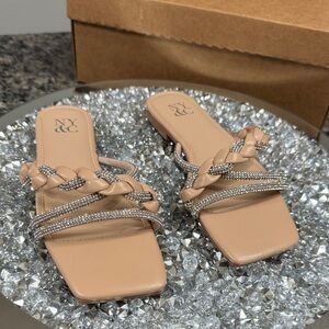 New York & Company Alessia nude Braided Slide Sandals Rhinestone Straps NEW 7